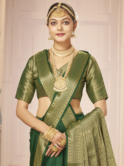 Women's Nylon Green Woven Design Designer Saree With Blouse Piece