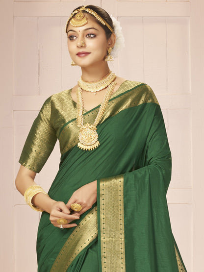 Women's Nylon Green Woven Design Designer Saree With Blouse Piece