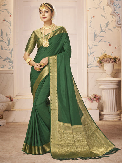 Women's Nylon Green Woven Design Designer Saree With Blouse Piece
