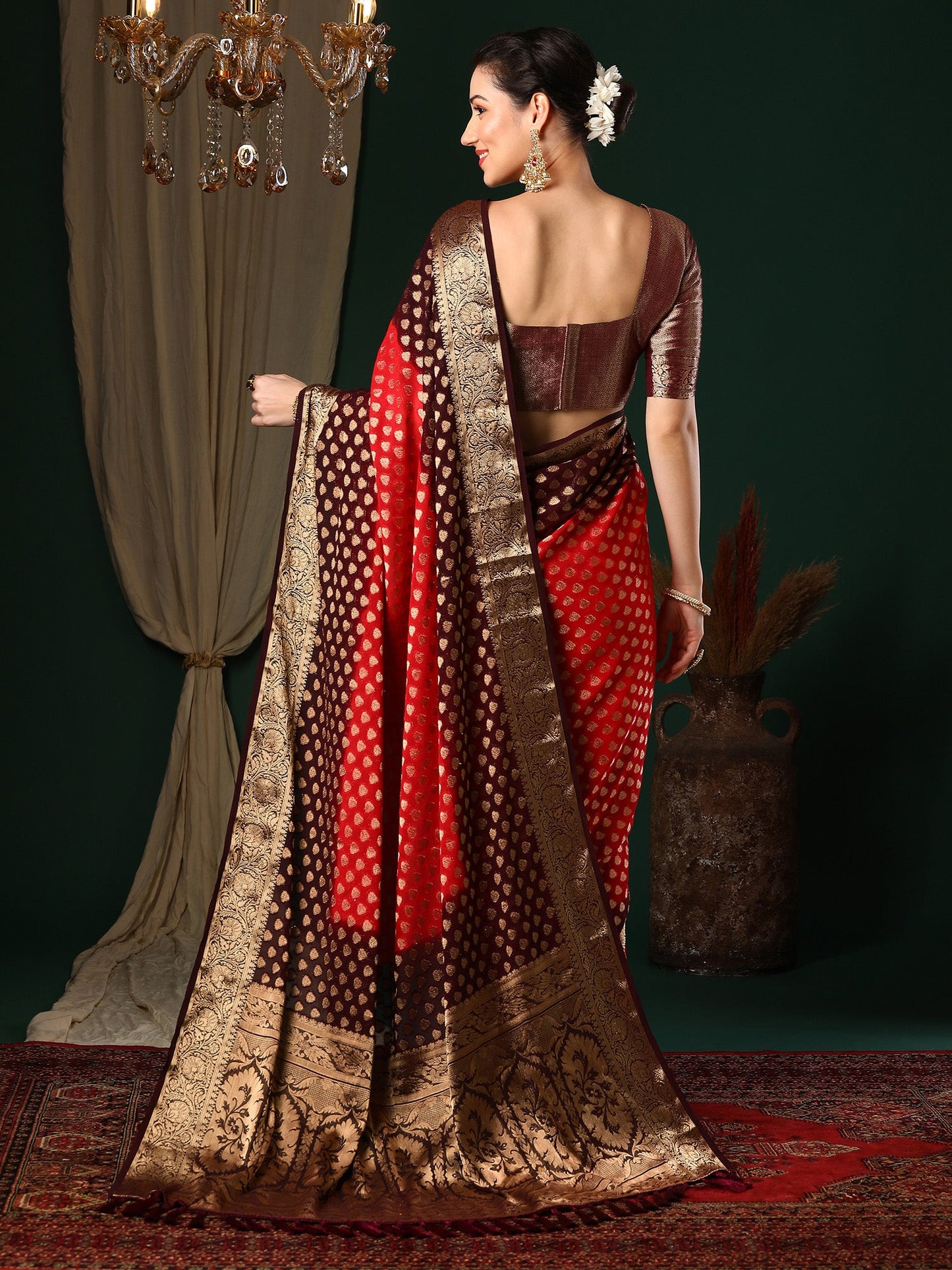 Women's Georgette Red Woven Design Designer Saree With Blouse Piece