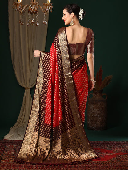 Women's Georgette Red Woven Design Designer Saree With Blouse Piece