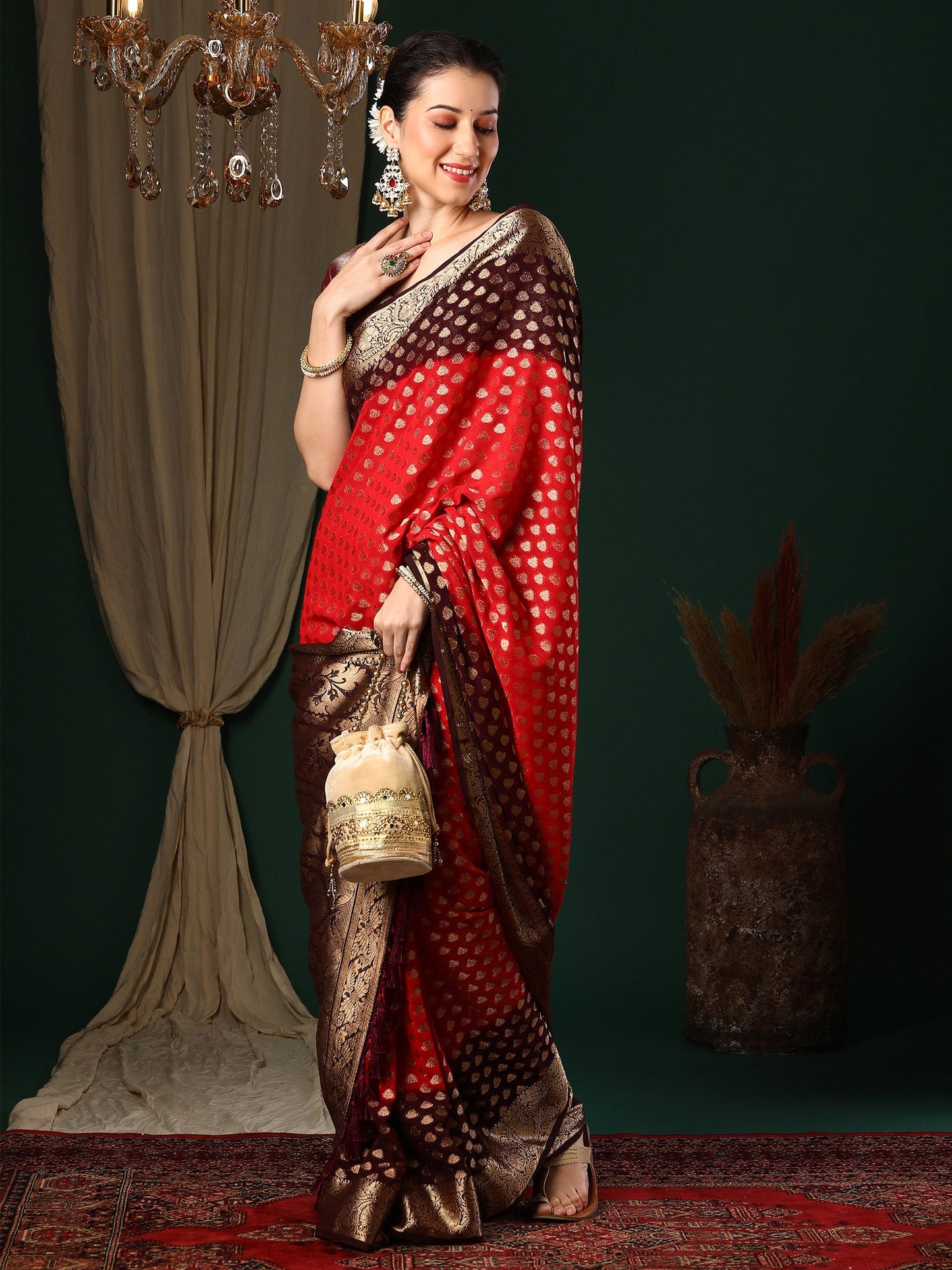 Women's Georgette Red Woven Design Designer Saree With Blouse Piece