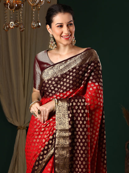 Women's Georgette Red Woven Design Designer Saree With Blouse Piece