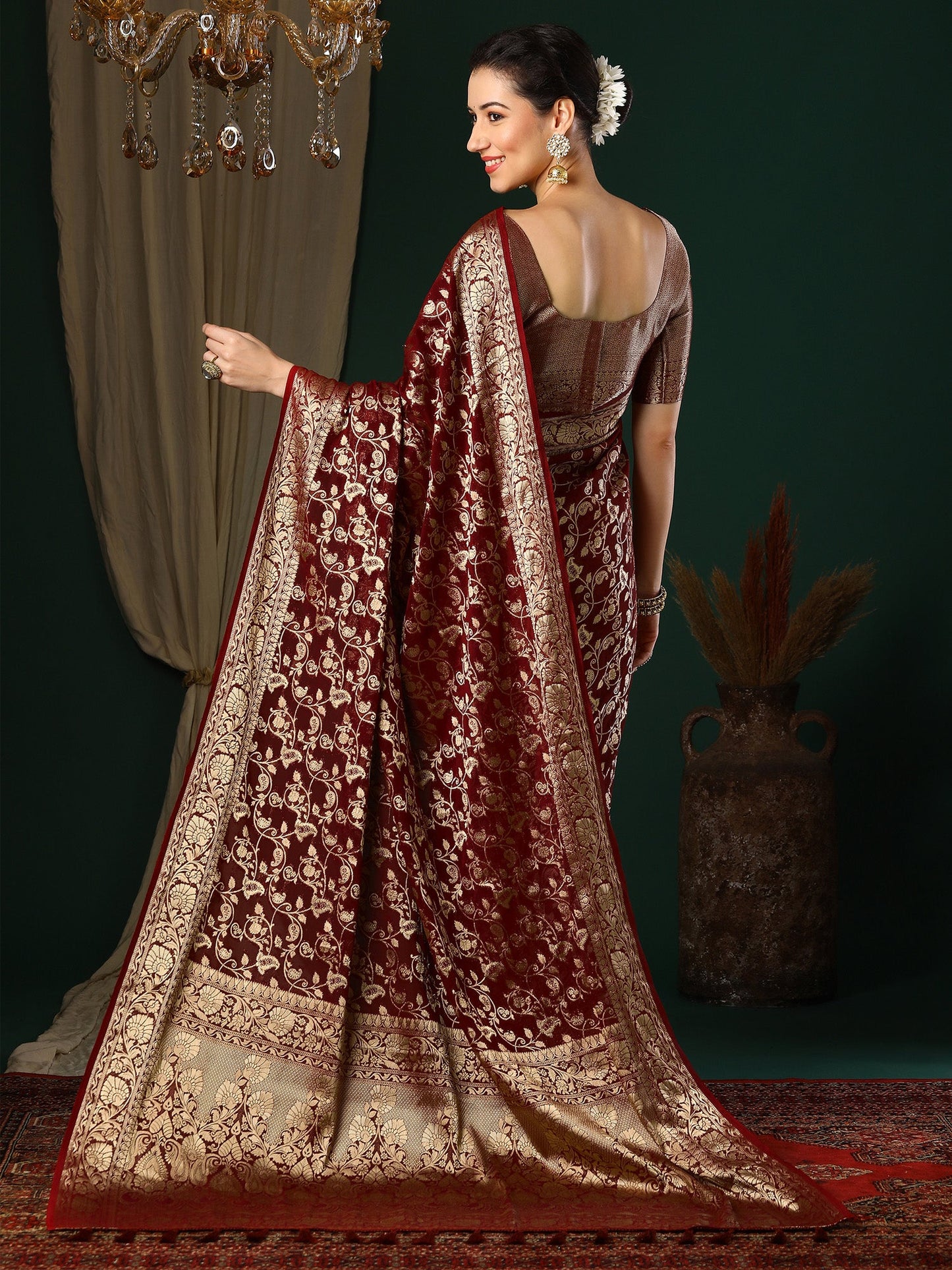 Women's Georgette Maroon Woven Design Designer Saree With Blouse Piece