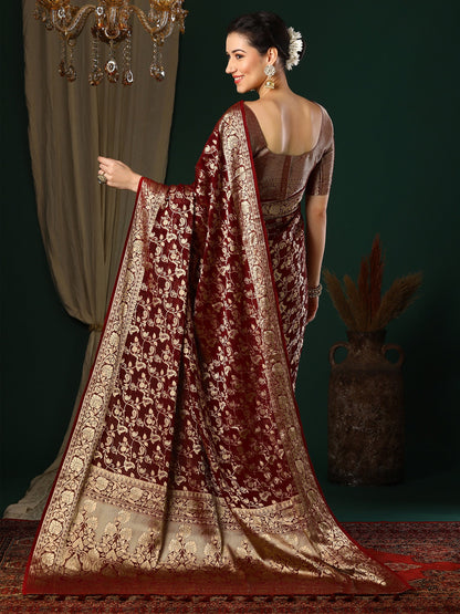 Women's Georgette Maroon Woven Design Designer Saree With Blouse Piece