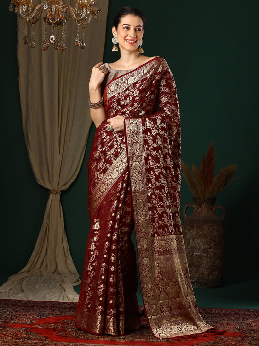 Women's Georgette Maroon Woven Design Designer Saree With Blouse Piece