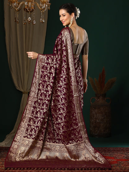 Women's Georgette Magenta Woven Design Designer Saree With Blouse Piece