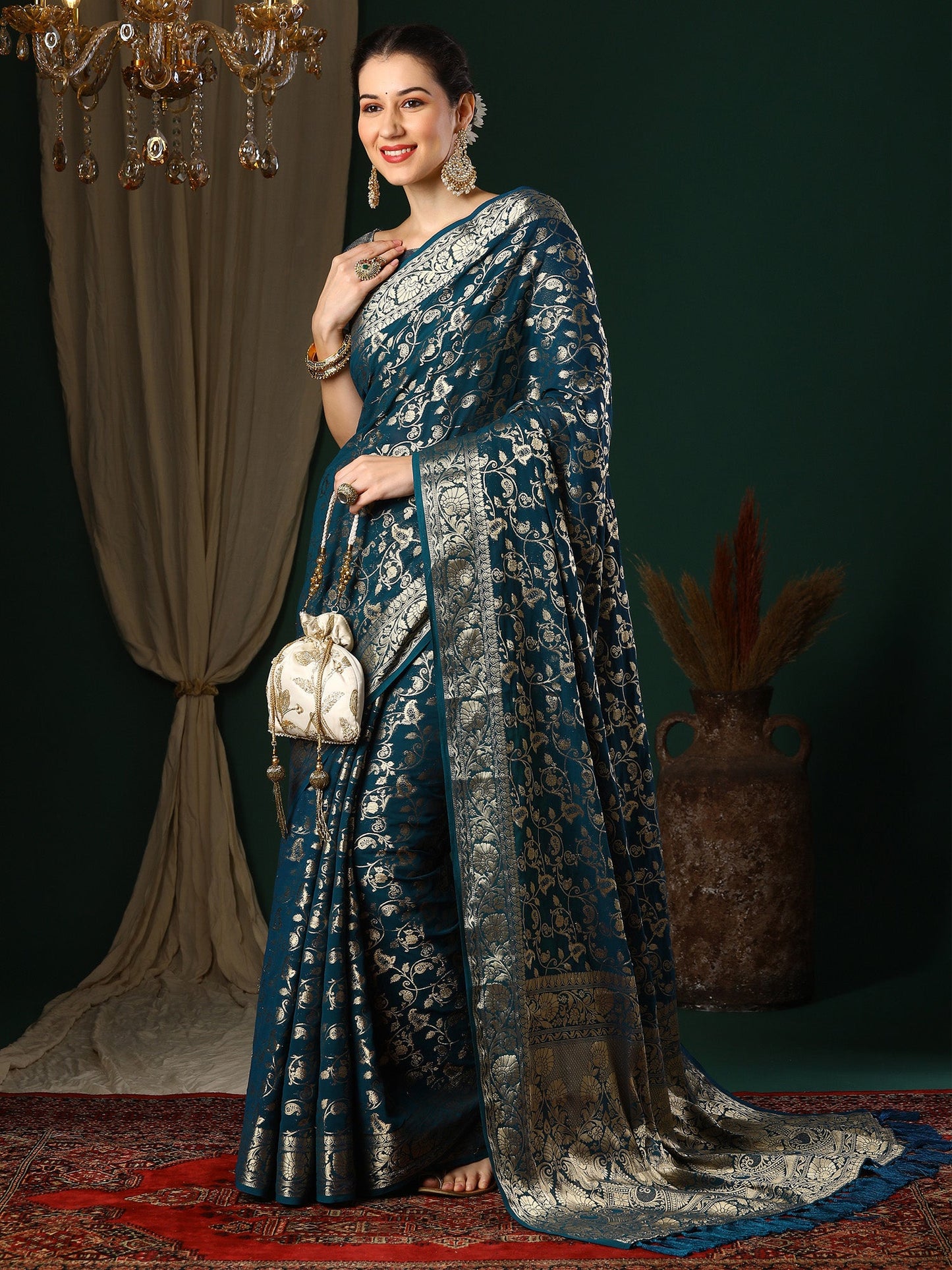 Women's Georgette Teal blue Woven Design Designer Saree With Blouse Piece