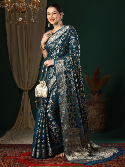 Women's Georgette Teal blue Woven Design Designer Saree With Blouse Piece