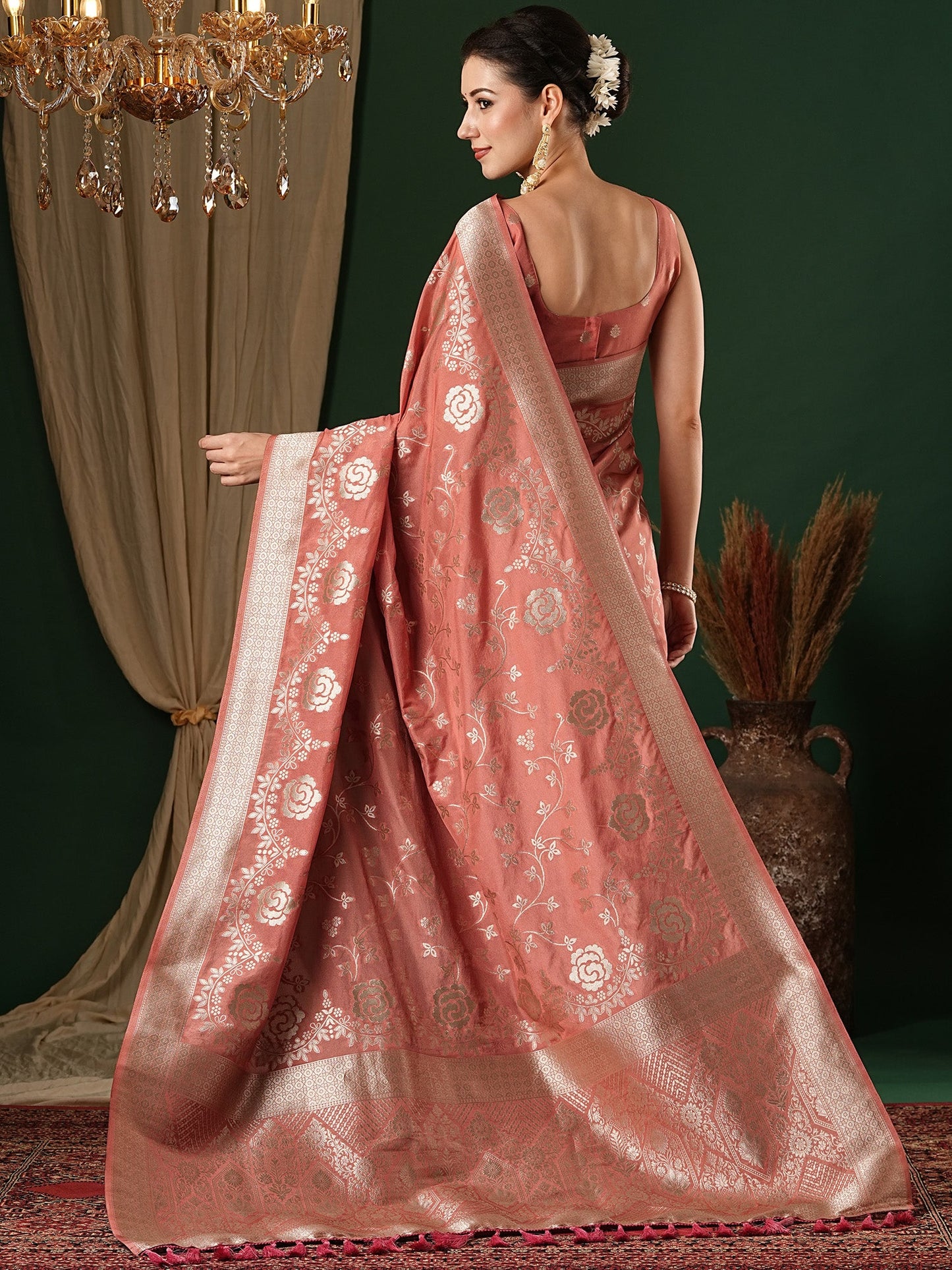 Women's Georgette Peach Woven Design Designer Saree With Blouse Piece
