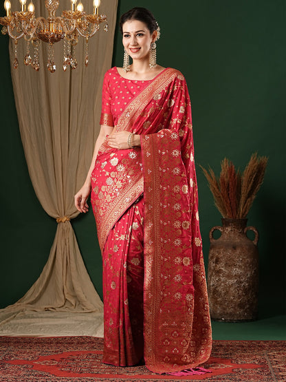 Women's Georgette Pink Woven Design Designer Saree With Blouse Piece