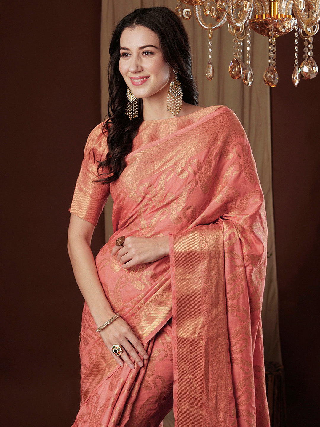 Women's Viscose Silk Peach Woven Design Designer Saree With Blouse Piece