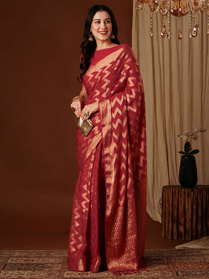 Women's Georgette Red Woven Design Designer Saree With Blouse Piece