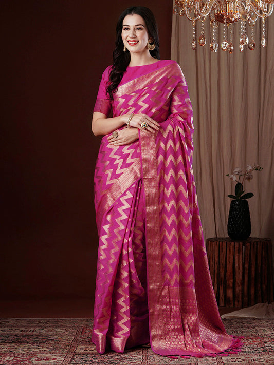 Women's Georgette Pink Woven Design Designer Saree With Blouse Piece