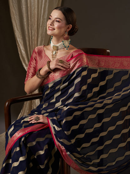 Women's Georgette Navy Blue Woven Design Designer Saree With Blouse Piece