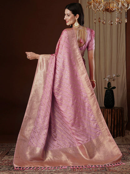 Women's Satin Silk Pink Woven Design Designer Saree With Blouse Piece