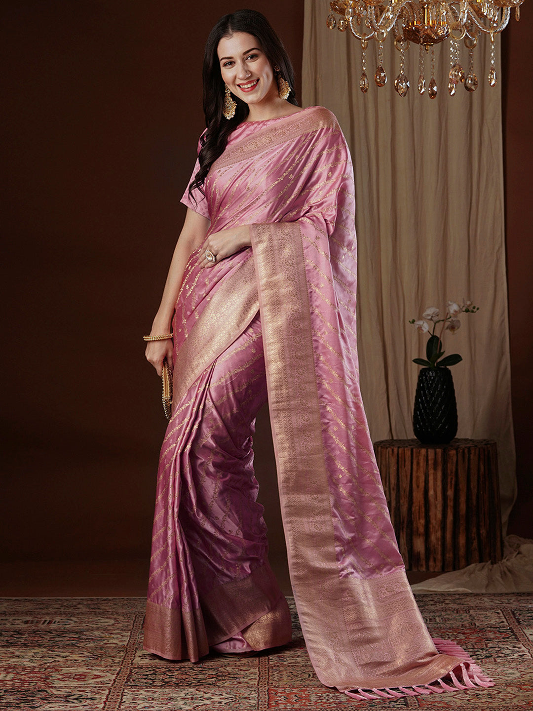 Women's Satin Silk Pink Woven Design Designer Saree With Blouse Piece