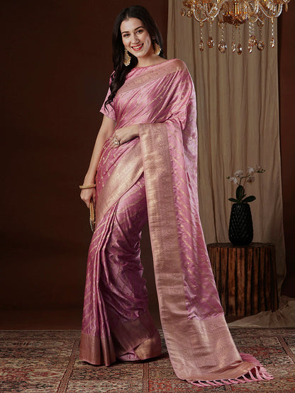Women's Satin Silk Pink Woven Design Designer Saree With Blouse Piece
