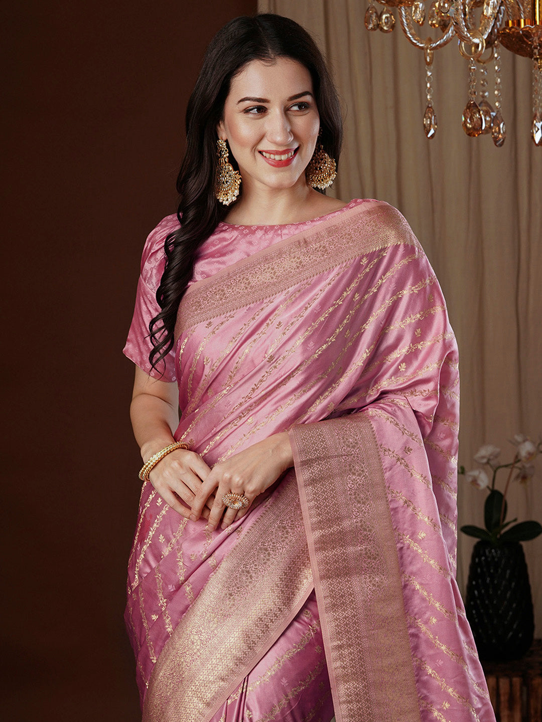 Women's Satin Silk Pink Woven Design Designer Saree With Blouse Piece