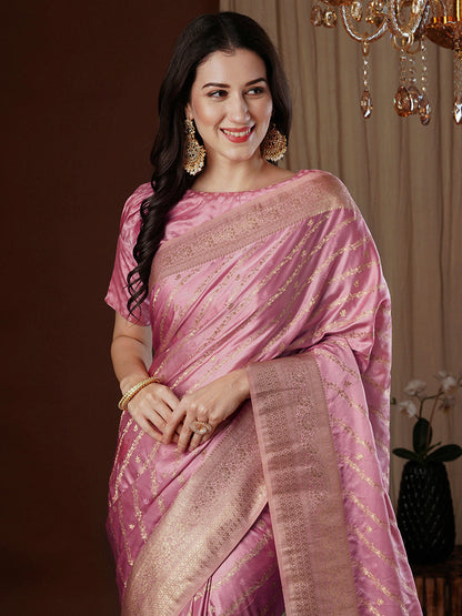 Women's Satin Silk Pink Woven Design Designer Saree With Blouse Piece