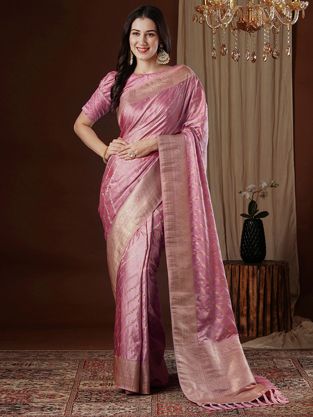 Women's Satin Silk Pink Woven Design Designer Saree With Blouse Piece