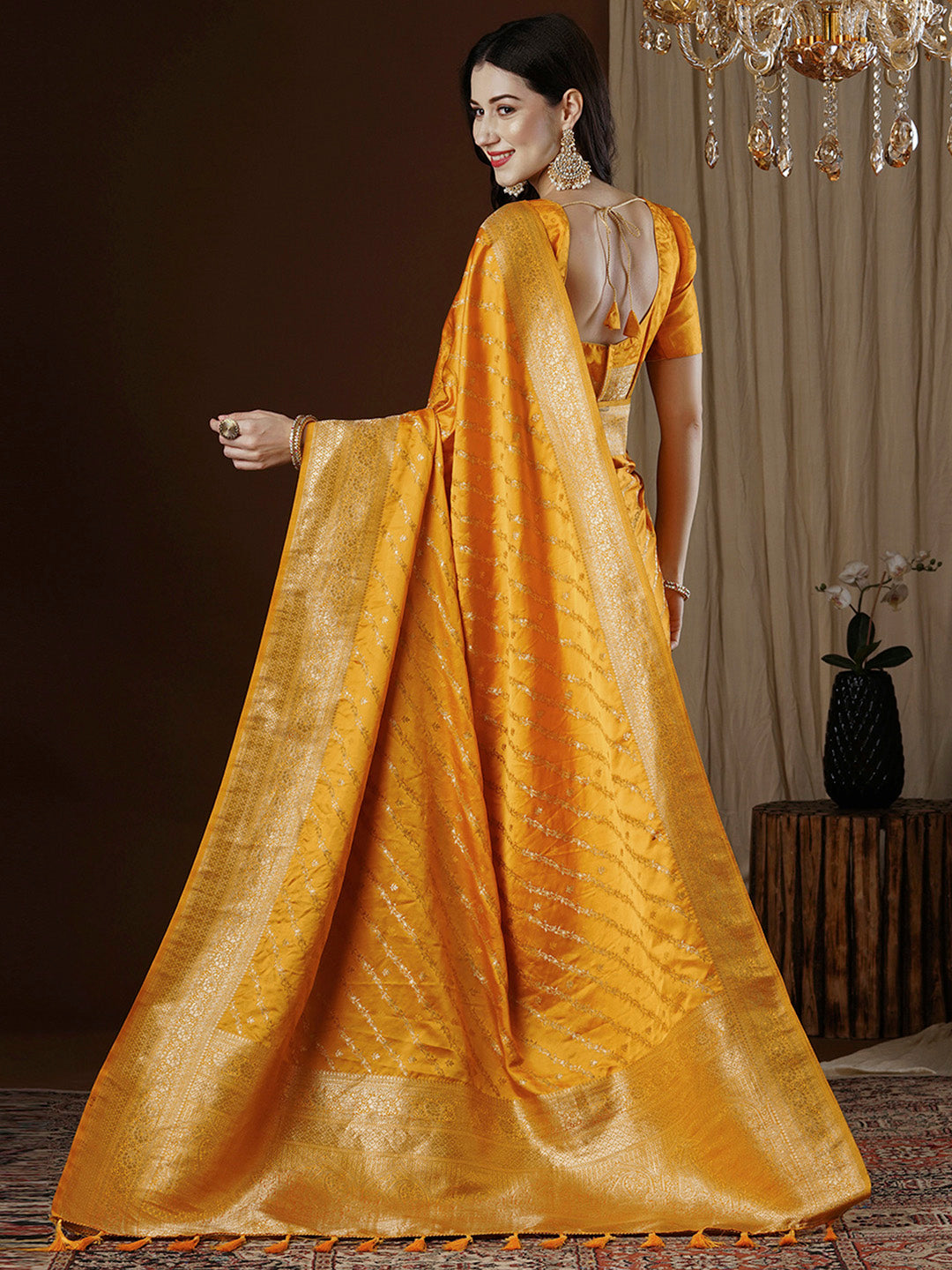Women's Satin Silk Yellow Woven Design Designer Saree With Blouse Piece