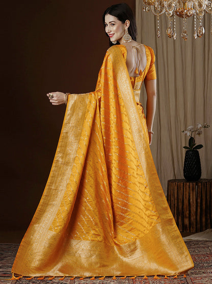 Women's Satin Silk Yellow Woven Design Designer Saree With Blouse Piece
