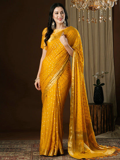 Women's Georgette Yellow Woven Design Designer Saree With Blouse Piece