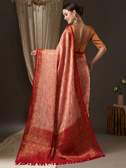 Women's Georgette Pink Woven Design Designer Saree With Blouse Piece
