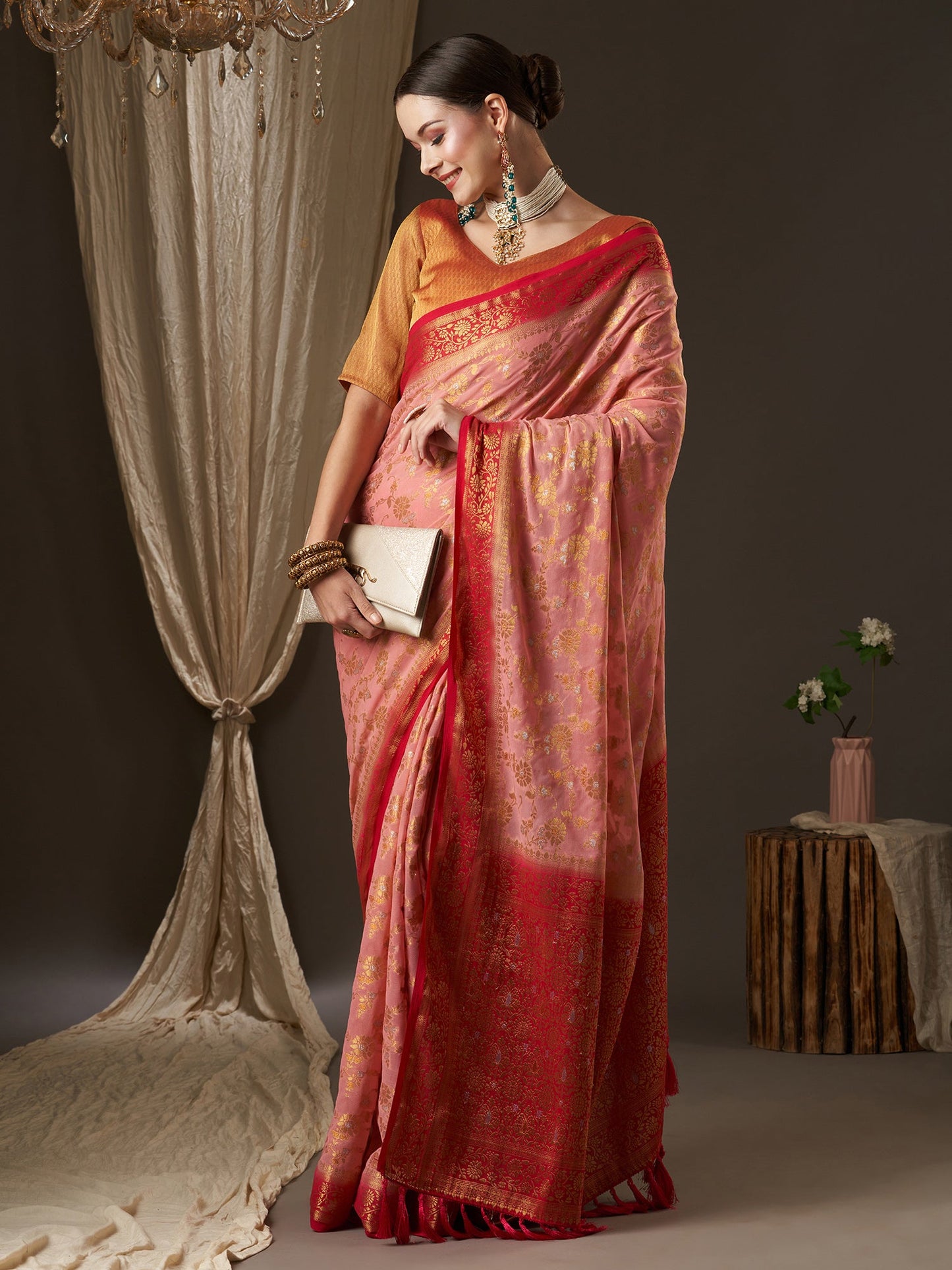 Women's Georgette Pink Woven Design Designer Saree With Blouse Piece