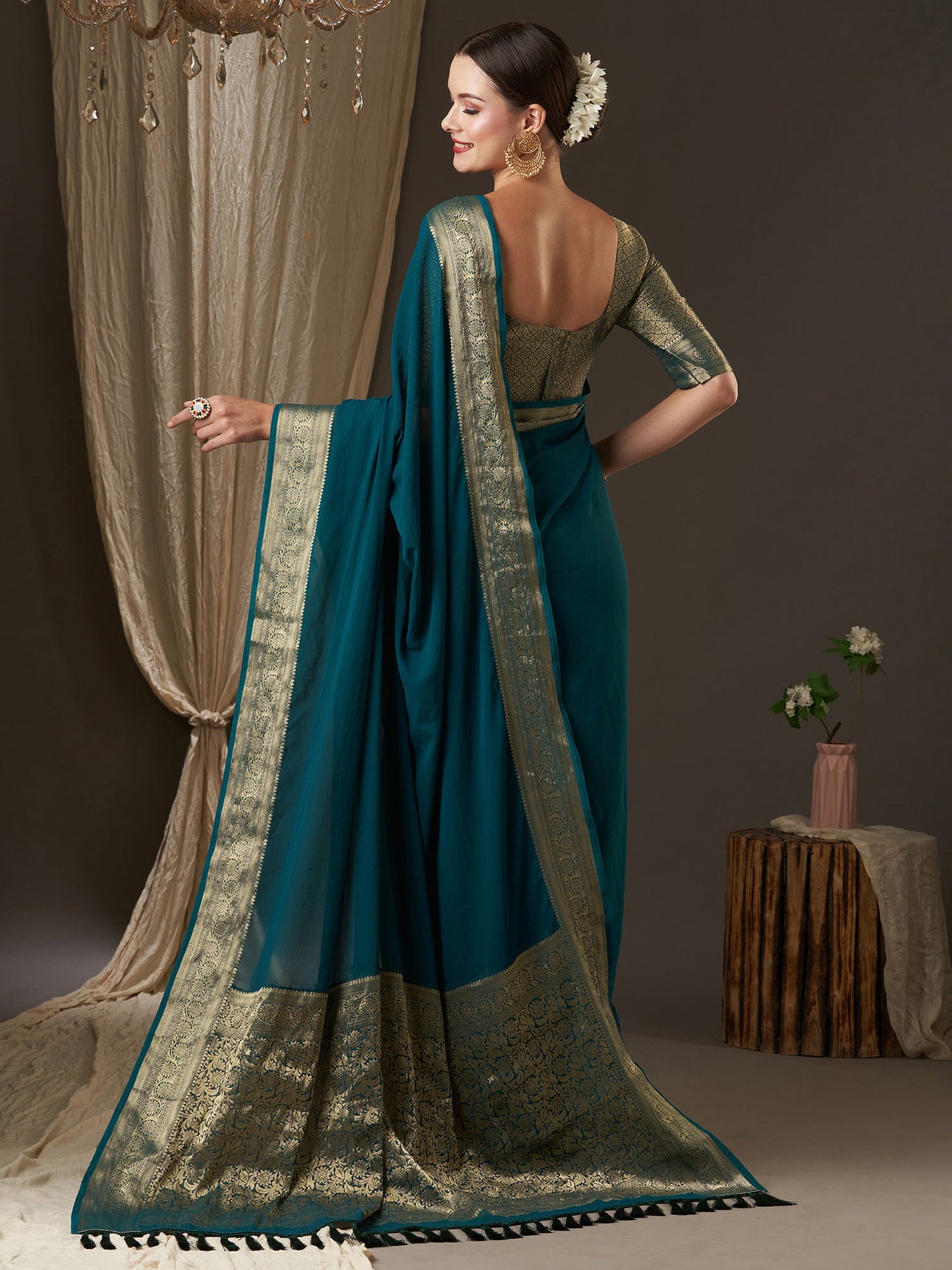 Women's Georgette Teal blue Woven Design Designer Saree With Blouse Piece