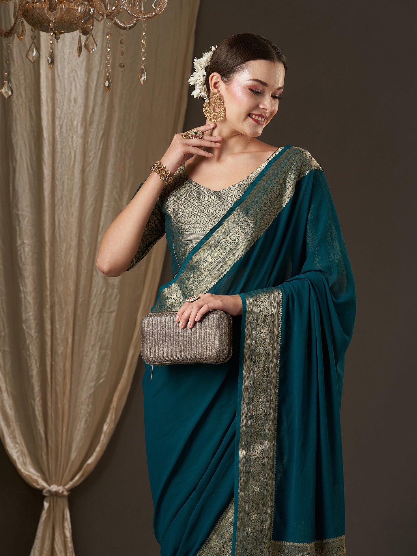 Women's Georgette Teal blue Woven Design Designer Saree With Blouse Piece