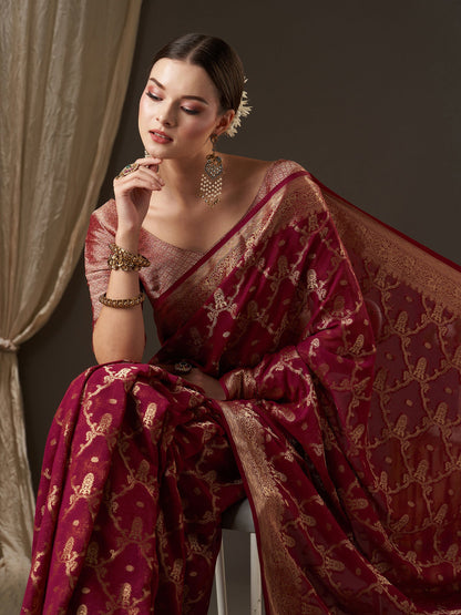 Women's Georgette Burgundy Woven Design Designer Saree With Blouse Piece