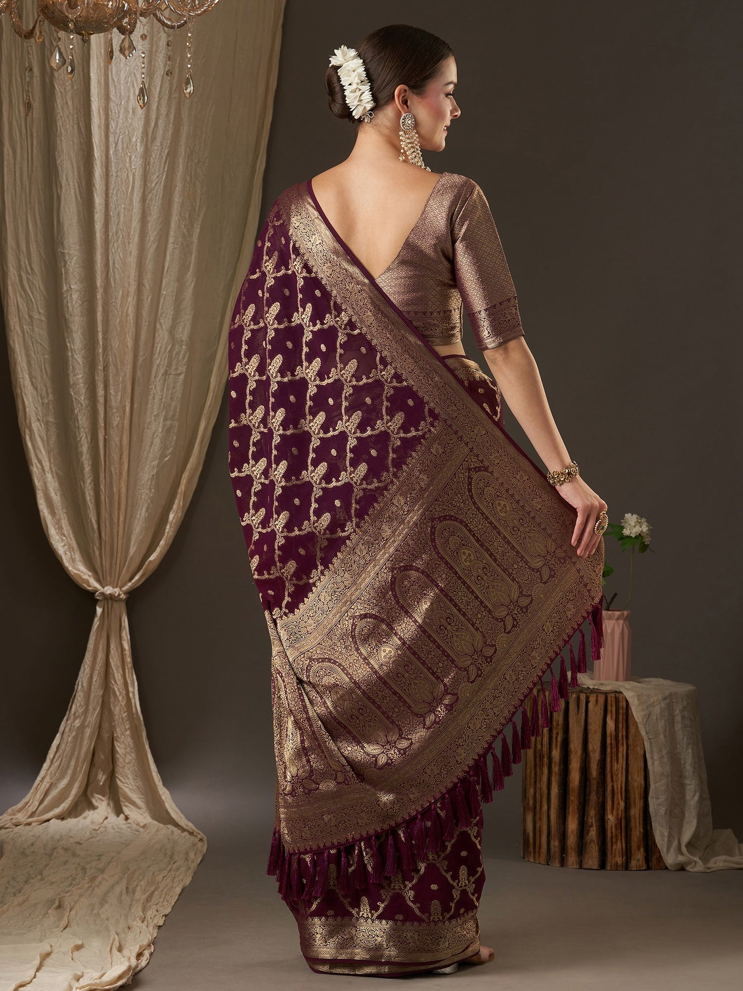 Women's Georgette Purple Woven Design Designer Saree With Blouse Piece