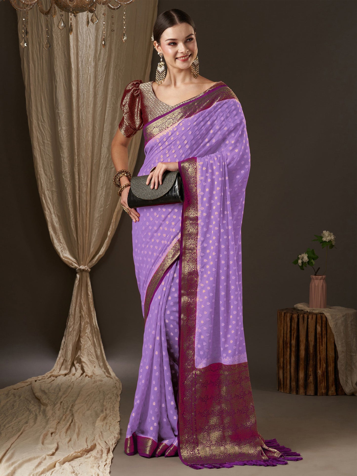 Women's Georgette Lavendar Woven Design Designer Saree With Blouse Piece