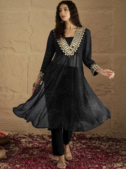 Black Abstract Printed Panelled Square Neck Georgette Straight Kurta With Trousers