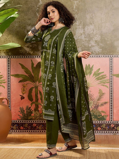 Floral Printed Cotton Round Neck Kurta & Trousers With Dupatta