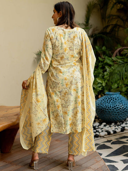 Dhiyona KL Floral Printed Sequinned Pure Cotton Kurta with Trousers & Dupatta