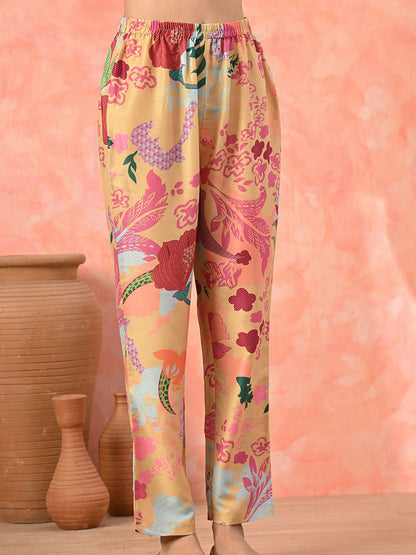 Floral Printed Pleated Sequinned Work V-Neck A-Line Kurta With Trousers