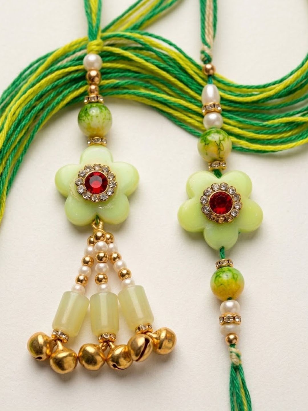 Dhiyona Set Of 2 Flower Shape Artificial Stones & Beads Bhaiya Bhabhi Rakhi With Roli Chawal