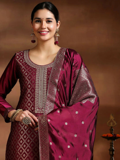 Women's LB Magenta Woven Design Silk Blend Straight Suit With Dupatta