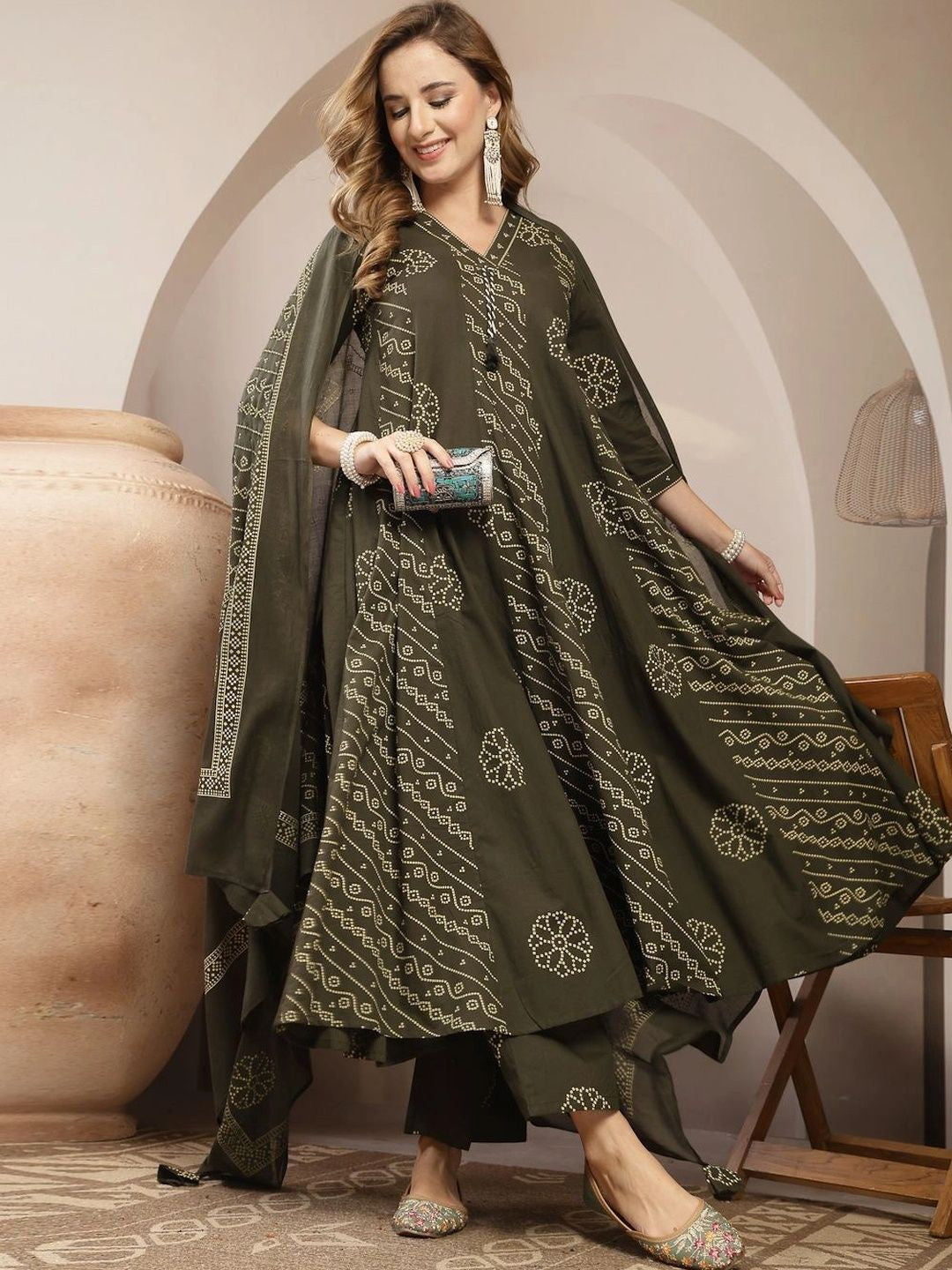 Dhiyona SN Women Bandhani Printed Regular Kurta with Palazzos & With Dupatta