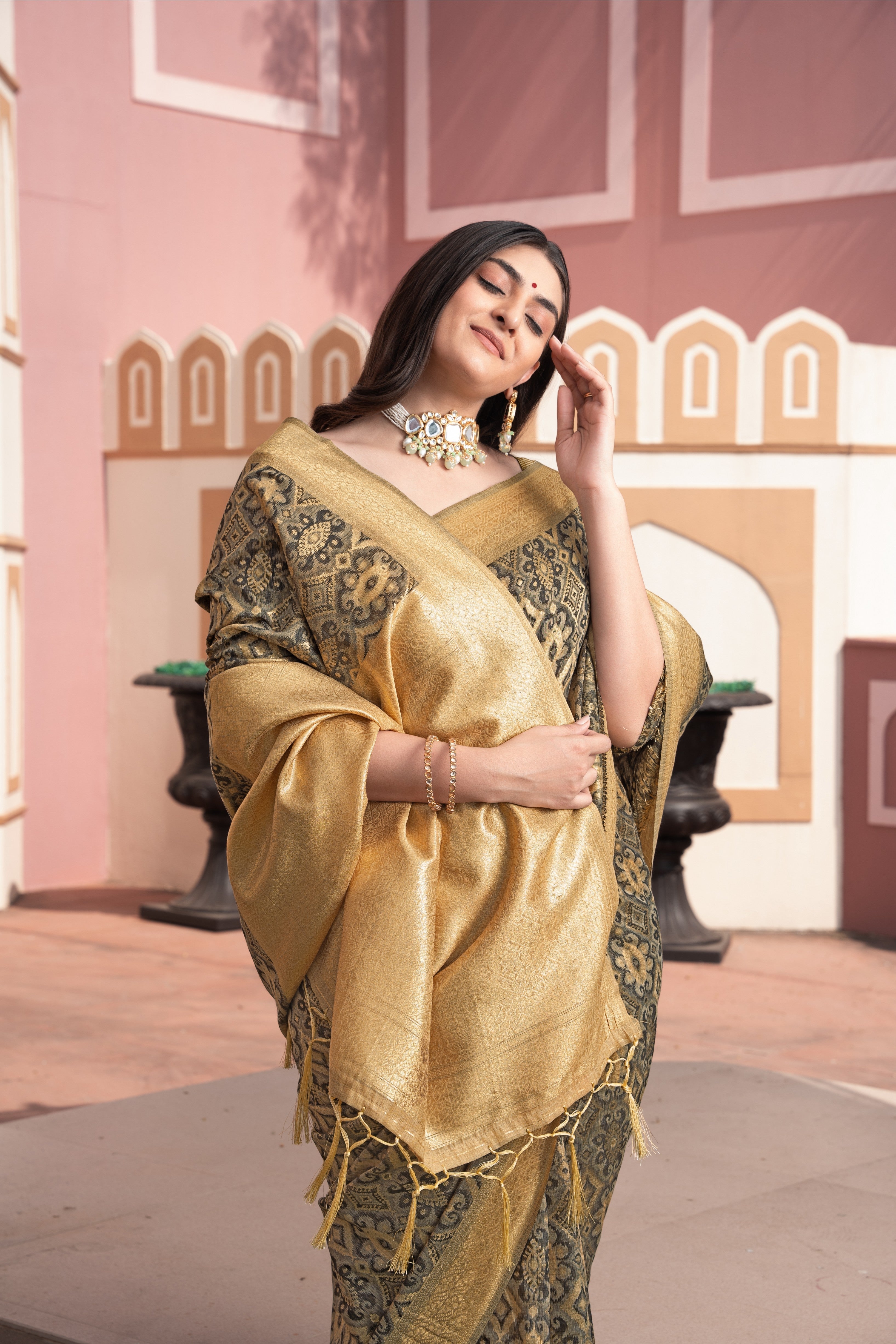 Dhiyona GR Women's Avika Brown Cotton Ikat Silk Saree