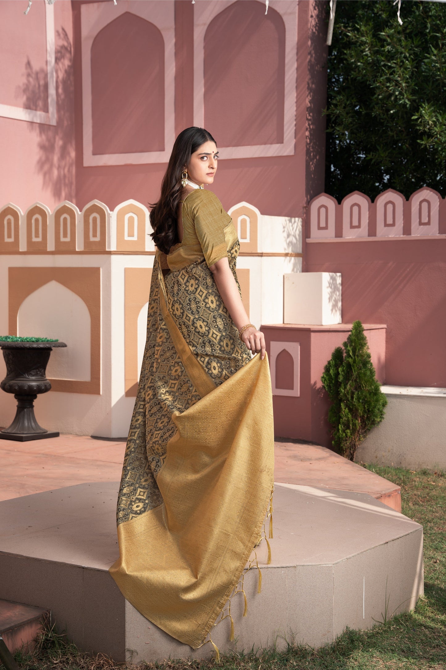 Dhiyona GR Women's Avika Brown Cotton Ikat Silk Saree