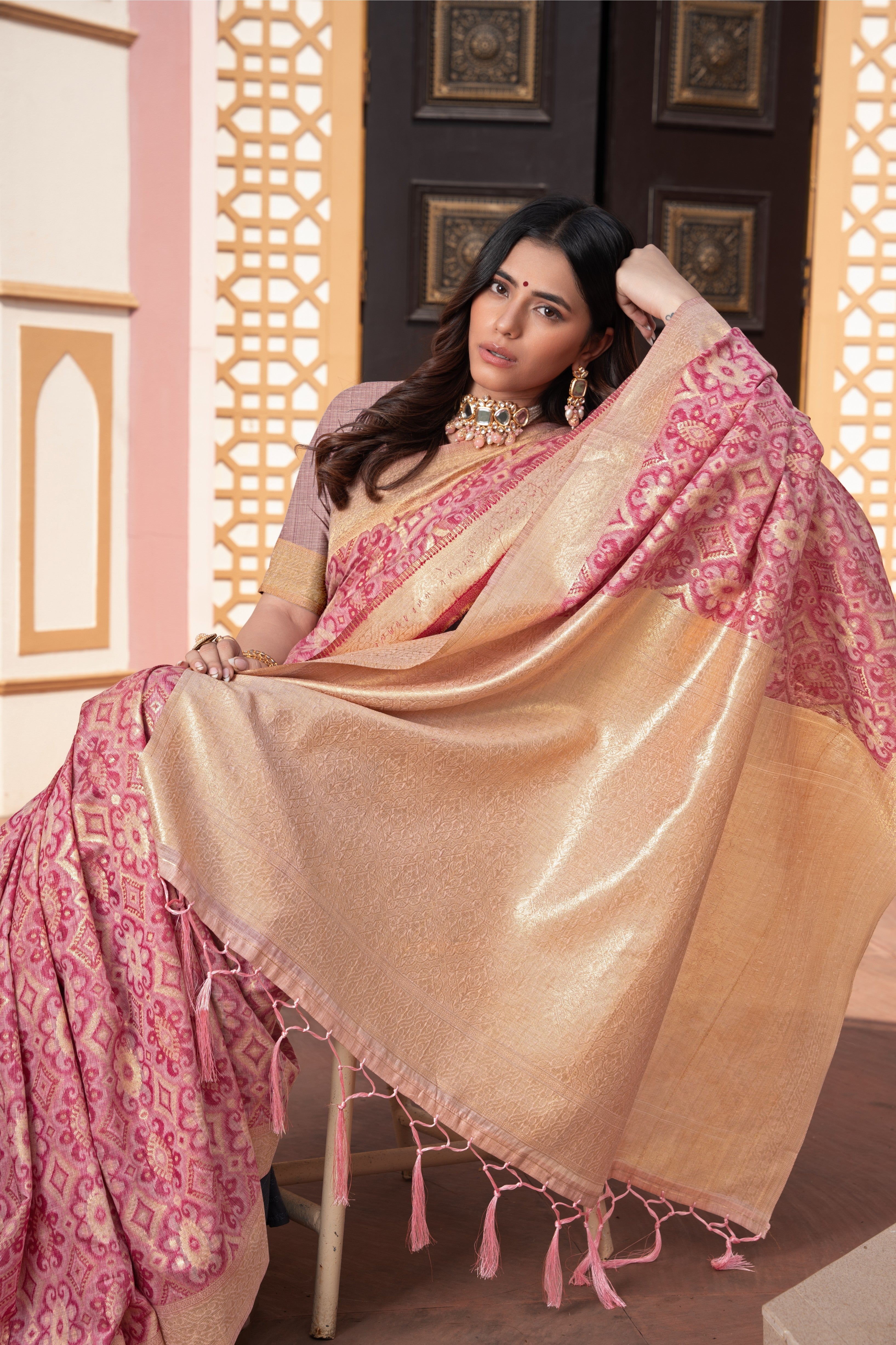Dhiyona GR Women's Avika Pink Cotton Ikat Silk Saree