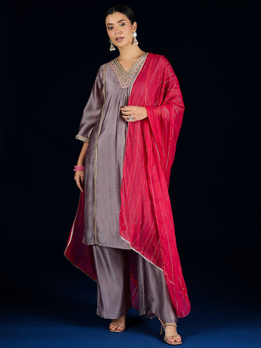 Dhiyona VA Floral Yoke Design A-Line Kurta With Palazzos & Dupatta