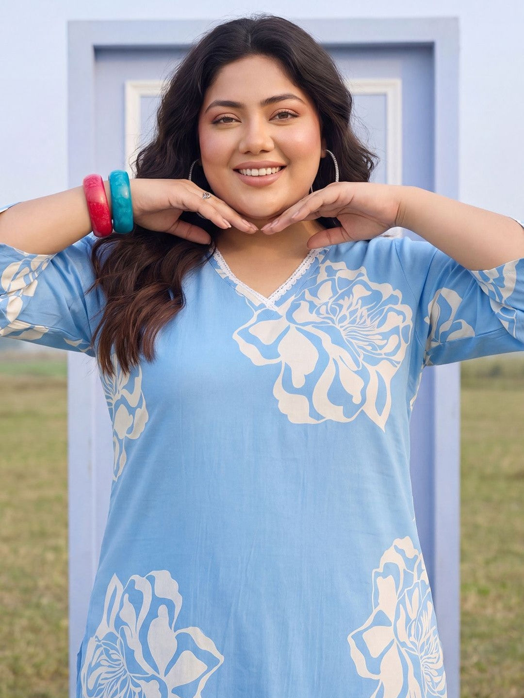 Plus Size Blue Printed Straight Kurta Trousers Set