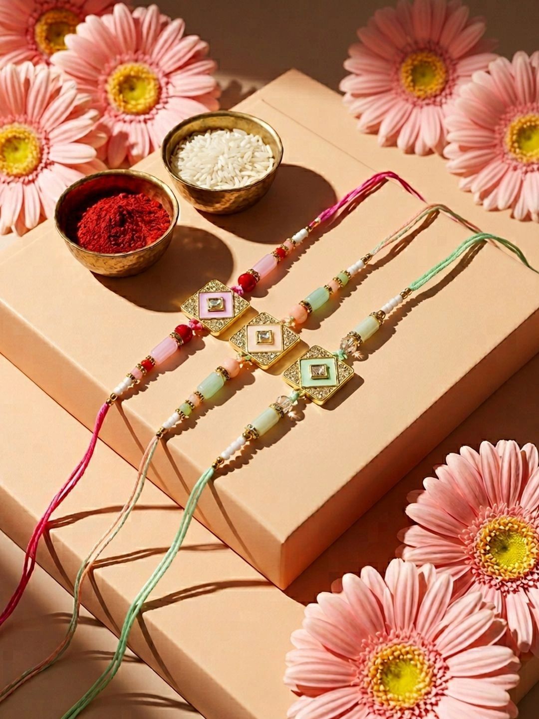 Dhiyona Set Of 3 Multicolor Ad Thread Rakhi With Roli Chawal Chandan Mishri