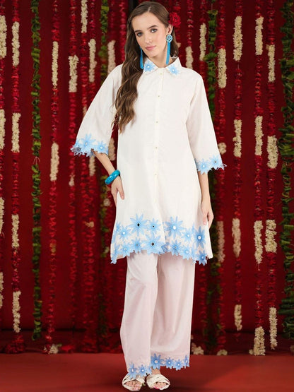 Women Floral Embroidered Regular Thread Work Pure Cotton Kurta with Trousers