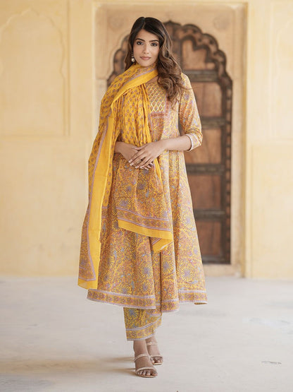 Dhiyona KL Floral Printed Gotta Patti Pure Cotton Anarkali Kurta with Trousers & Dupatta